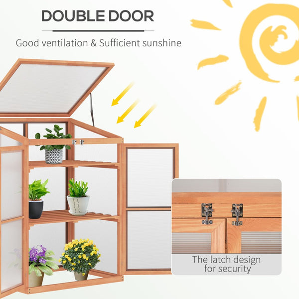 English Elm Outsunny Fir Wood Mini Greenhouse Cabinet with Polycarbonate Panels and Slatted Shelves W2225P200750