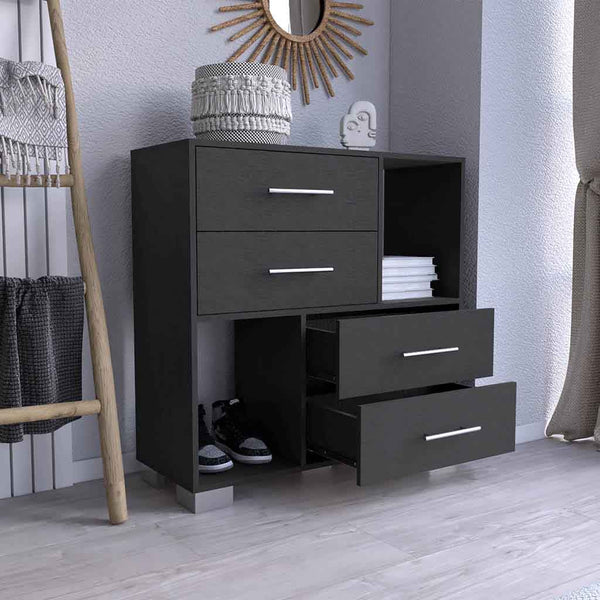 Homeroots 35" Black Four Drawer Dresser With Open Cubby Space  Manufactured Wood 544009