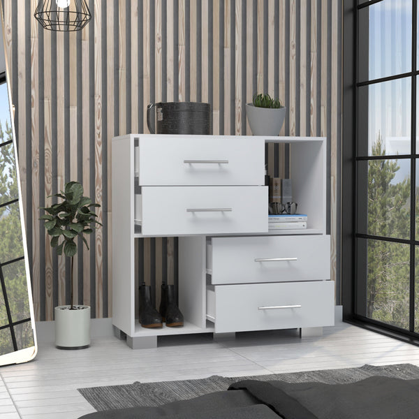 Homeroots 35" White Four Drawer Dresser With Open Cubby Space  Manufactured Wood 544010