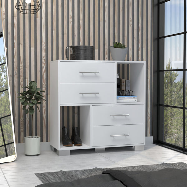 Homeroots 35" White Four Drawer Dresser With Open Cubby Space  Manufactured Wood 544010