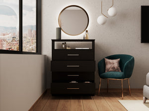 Homeroots 31" Black Four Drawer Dresser With Open Shelf  Manufactured Wood 544013