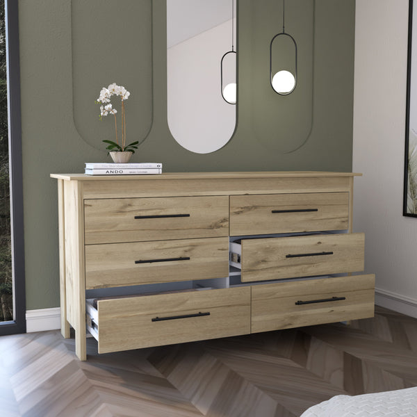 Homeroots 59" Natural Six Drawer Double Dresser  Manufactured Wood 544017