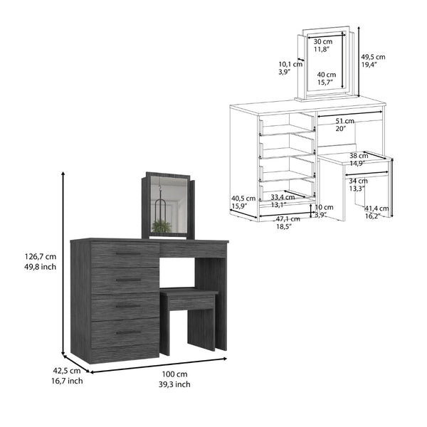 HomeRoots 39" Gray Wood Four Drawer Vanity Table - Modern Design with Ample Storage for Beauty Essentials 544021