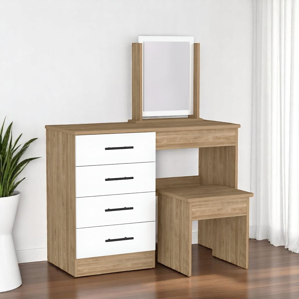 HomeRoots 39" Elegant Natural and White Wood Vanity Table with Four Drawers for Stylish Storage Solutions 544023