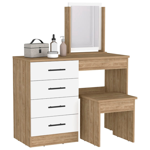HomeRoots 39" Elegant Natural and White Wood Vanity Table with Four Drawers for Stylish Storage Solutions 544023