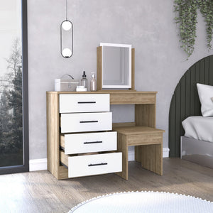 HomeRoots 39" Elegant Natural and White Wood Vanity Table with Four Drawers for Stylish Storage Solutions 544023