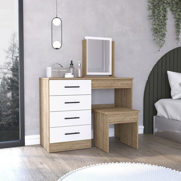 HomeRoots 39" Elegant Natural and White Wood Vanity Table with Four Drawers for Stylish Storage Solutions 544023