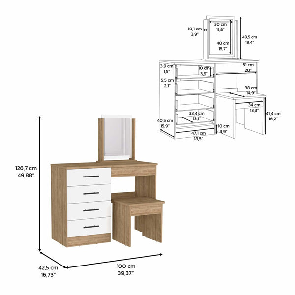 HomeRoots 39" Elegant Natural and White Wood Vanity Table with Four Drawers for Stylish Storage Solutions 544023