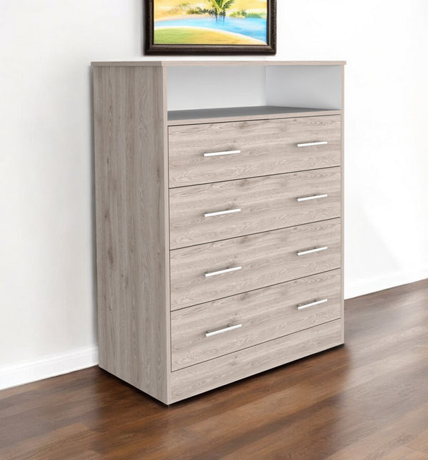 Homeroots 33" Light Gray Four Drawer Standard Chest With Open Shelf  Manufactured Wood 544026