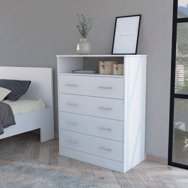 Homeroots 33" White Four Drawer Standard Chest With Open Shelf  Manufactured Wood 544027