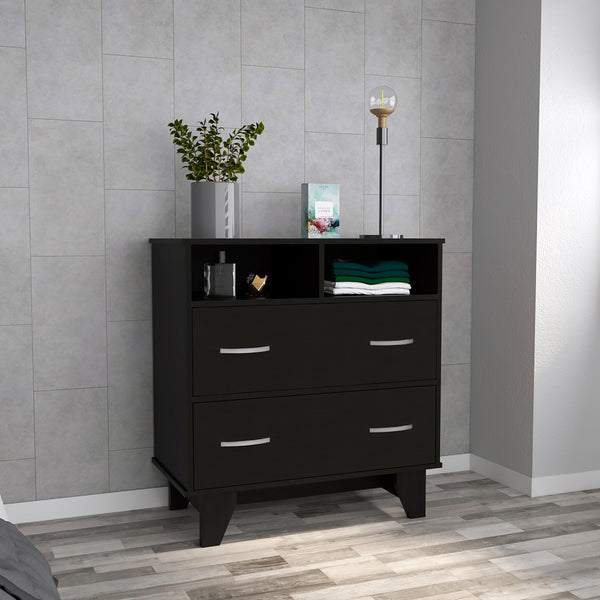 Homeroots 32" Black Two Drawer Dresser With Open Shelving  Manufactured Wood 544028