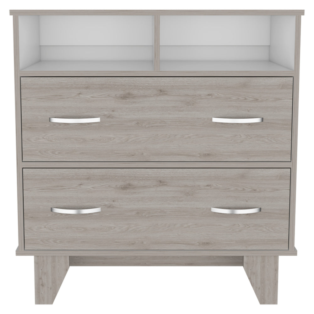Homeroots 32" Light Gray Two Drawer Dresser With Open Shelving  Manufactured Wood 544029