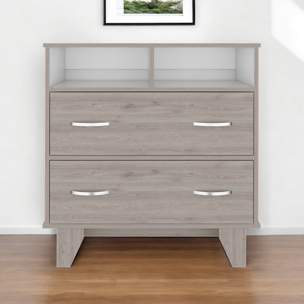Homeroots 32" Light Gray Two Drawer Dresser With Open Shelving  Manufactured Wood 544029
