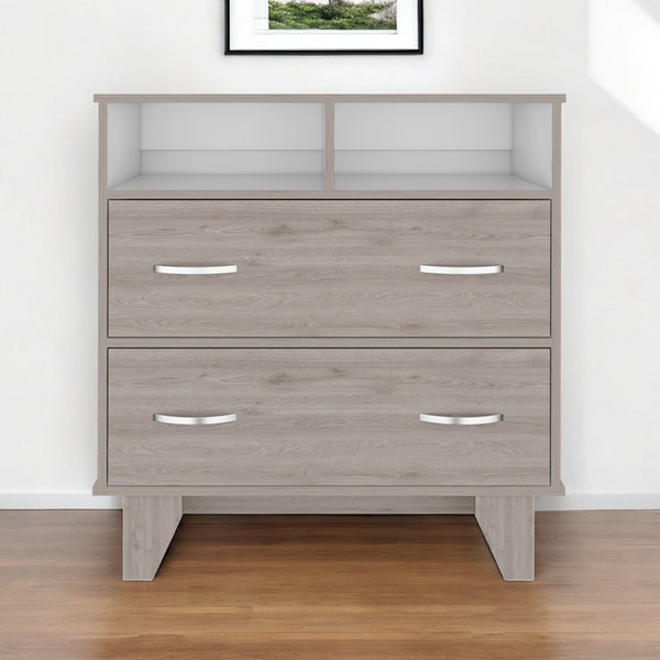 Homeroots 32" Light Gray Two Drawer Dresser With Open Shelving  Manufactured Wood 544029