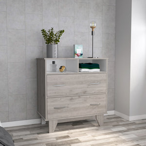 Homeroots 32" Light Gray Two Drawer Dresser With Open Shelving  Manufactured Wood 544029