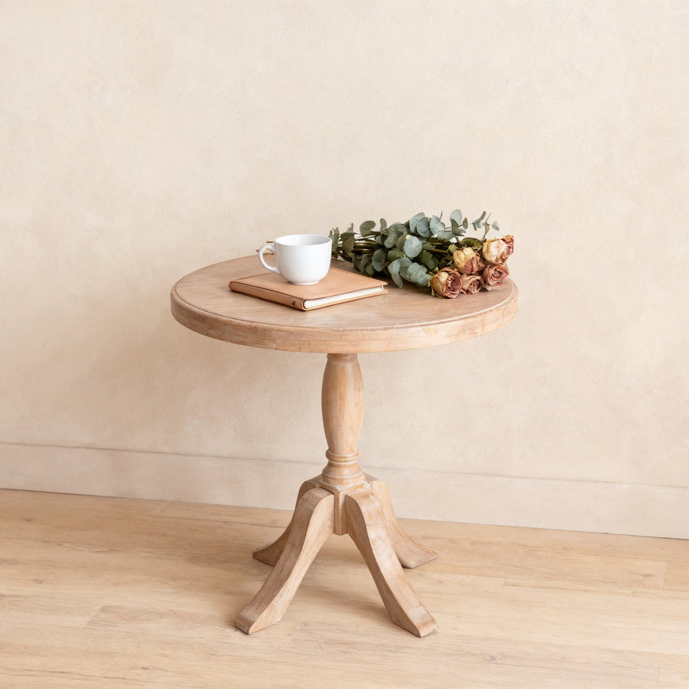 English Elm 23.6'' Round Wooden End Table with Adjustable 24.4/28.4'' Stands, Solid Wood Rustic Beige Accent Table W3426P385596