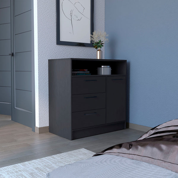 Homeroots 36" Black Three Drawer Combo Dresser With Open Shelf  Manufactured Wood 544048
