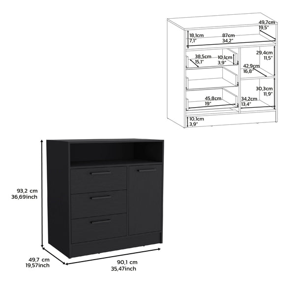 Homeroots 36" Black Three Drawer Combo Dresser With Open Shelf  Manufactured Wood 544048