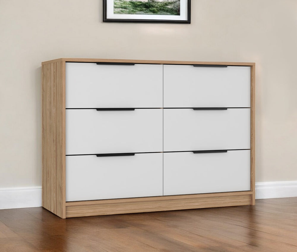 Homeroots 42" White And Natural Six Drawer Double Dresser  Manufactured Wood 544053