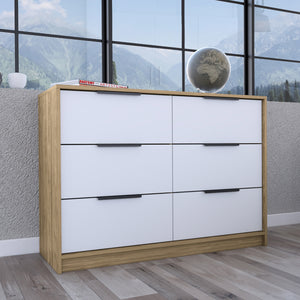 Homeroots 42" White And Natural Six Drawer Double Dresser  Manufactured Wood 544053