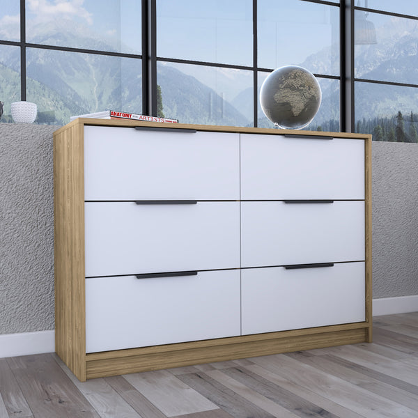 Homeroots 42" White And Natural Six Drawer Double Dresser  Manufactured Wood 544053