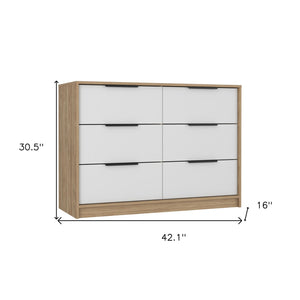 Homeroots 42" White And Natural Six Drawer Double Dresser  Manufactured Wood 544053