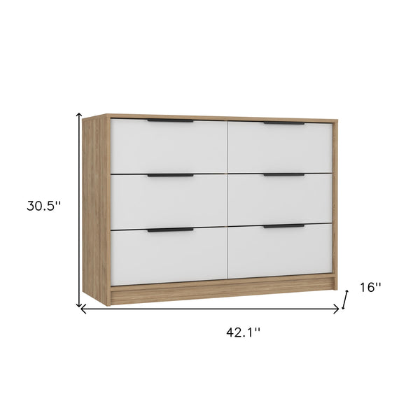 Homeroots 42" White And Natural Six Drawer Double Dresser  Manufactured Wood 544053