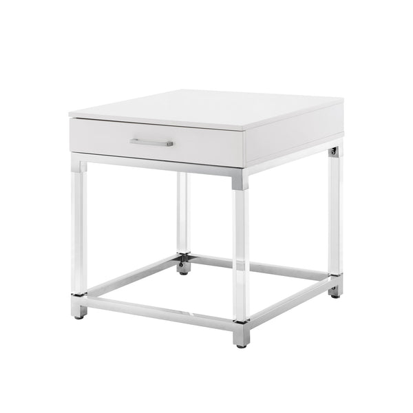 Homeroots 24" Silver Metallic And White Square End Table With Drawer White,Chrome  544061