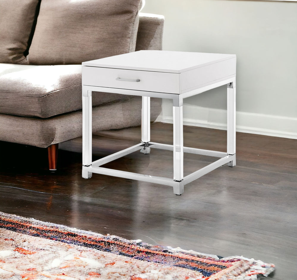 Homeroots 24" Silver Metallic And White Square End Table With Drawer White,Chrome  544061