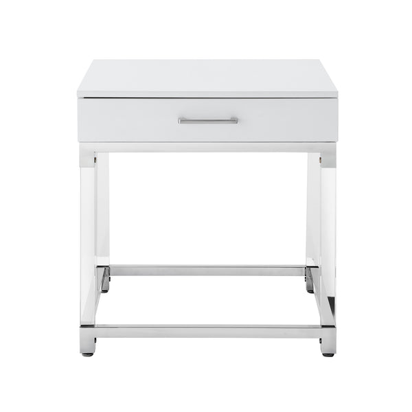 Homeroots 24" Silver Metallic And White Square End Table With Drawer White,Chrome  544061