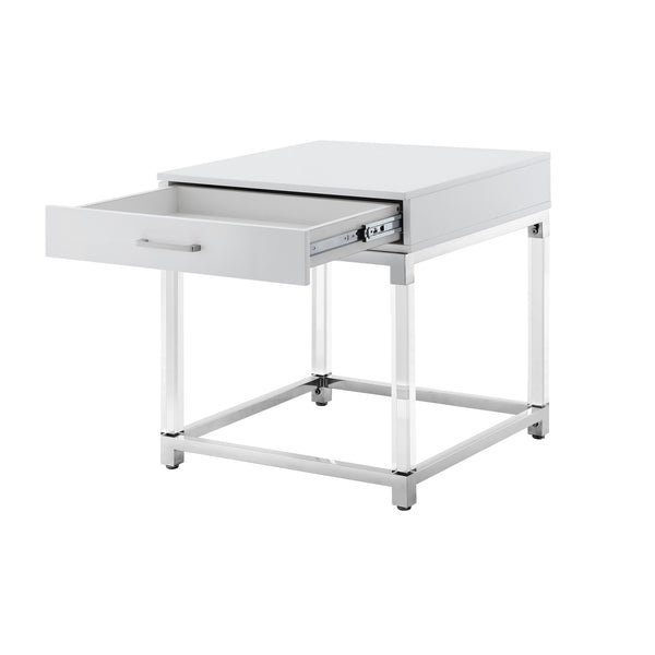 Homeroots 24" Silver Metallic And White Square End Table With Drawer White,Chrome  544061