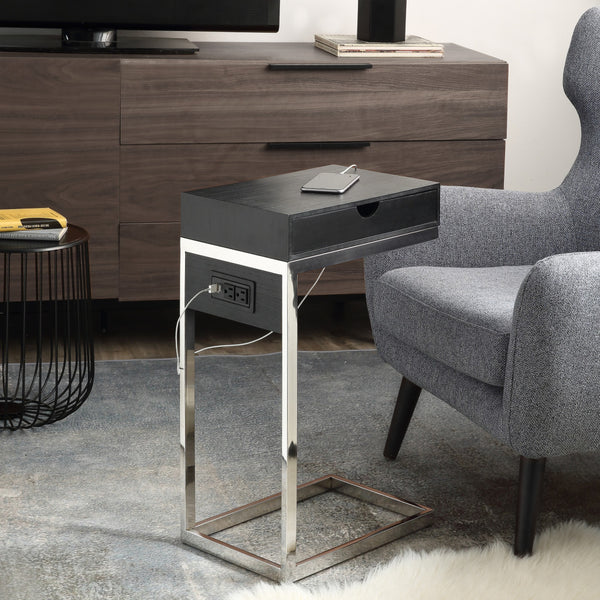 Homeroots 26" Silver Metallic And Black Veneer End Table With Drawer Black,Chrome  544064