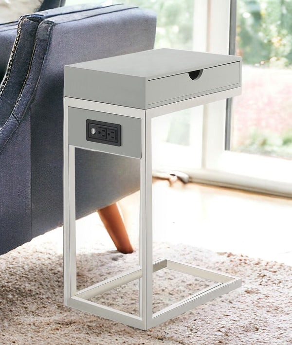 Homeroots 26" Silver Metallic And Gray Veneer End Table With Drawer Grey,Chrome  544065