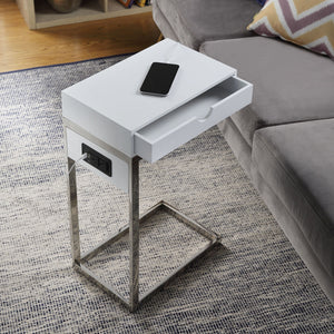 Homeroots 26" Silver Metallic And White Veneer End Table With Drawer White,Chrome  544066