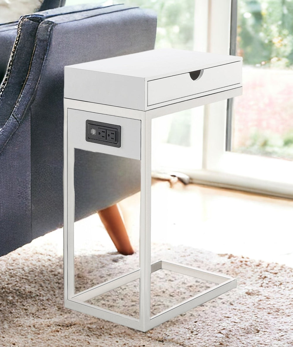 Homeroots 26" Silver Metallic And White Veneer End Table With Drawer White,Chrome  544066