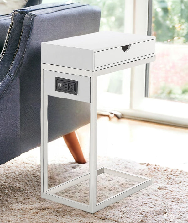 Homeroots 26" Silver Metallic And White Veneer End Table With Drawer White,Chrome  544066