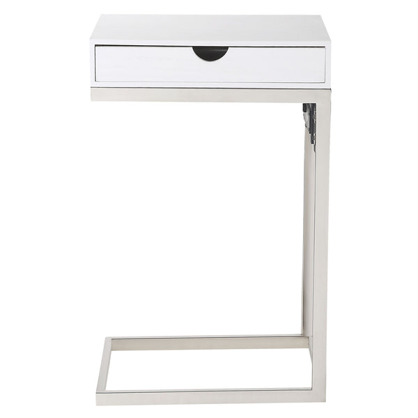 Homeroots 26" Silver Metallic And White Veneer End Table With Drawer White,Chrome  544066