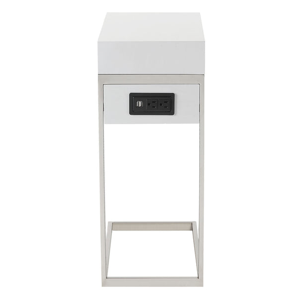 Homeroots 26" Silver Metallic And White Veneer End Table With Drawer White,Chrome  544066