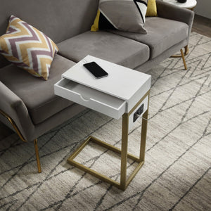 HomeRoots 26" Elegant White and Gold End Table with USB Port, Drawer, Modern Design for Stylish Living Spaces 544067
