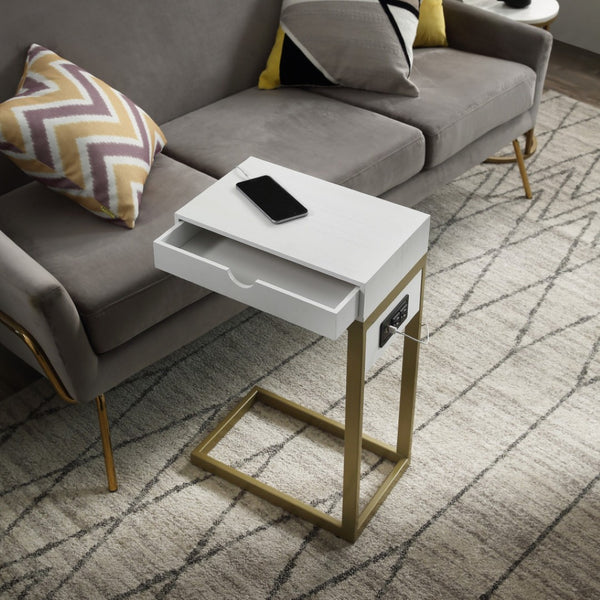 HomeRoots 26" Elegant White and Gold End Table with USB Port, Drawer, Modern Design for Stylish Living Spaces 544067