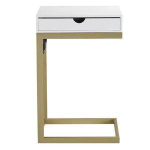 HomeRoots 26" Elegant White and Gold End Table with USB Port, Drawer, Modern Design for Stylish Living Spaces 544067