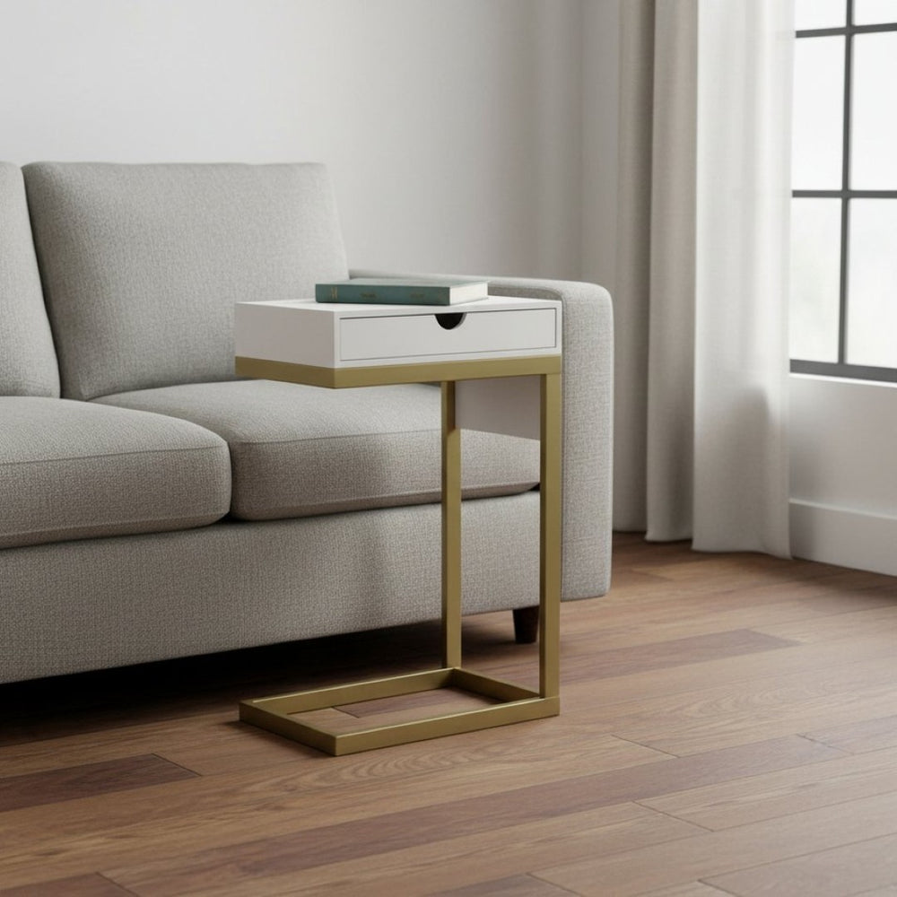 HomeRoots 26" Elegant White and Gold End Table with USB Port, Drawer, Modern Design for Stylish Living Spaces 544067