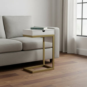 HomeRoots 26" Elegant White and Gold End Table with USB Port, Drawer, Modern Design for Stylish Living Spaces 544067