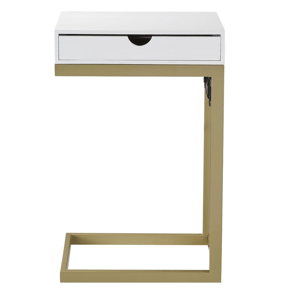 HomeRoots 26" Elegant White and Gold End Table with USB Port, Drawer, Modern Design for Stylish Living Spaces 544067