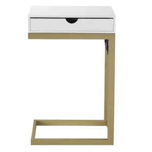 HomeRoots 26" Elegant White and Gold End Table with USB Port, Drawer, Modern Design for Stylish Living Spaces 544067