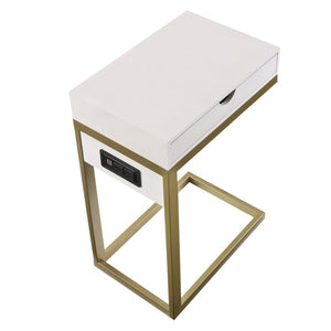 HomeRoots 26" Elegant White and Gold End Table with USB Port, Drawer, Modern Design for Stylish Living Spaces 544067