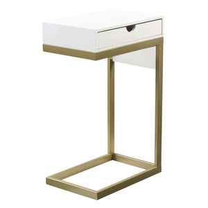 HomeRoots 26" Elegant White and Gold End Table with USB Port, Drawer, Modern Design for Stylish Living Spaces 544067