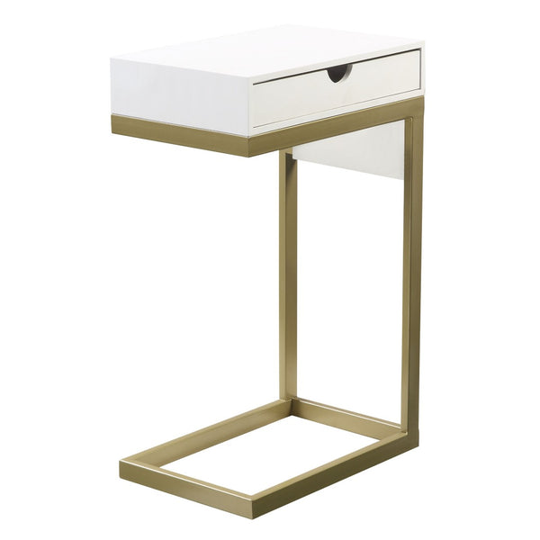 HomeRoots 26" Elegant White and Gold End Table with USB Port, Drawer, Modern Design for Stylish Living Spaces 544067