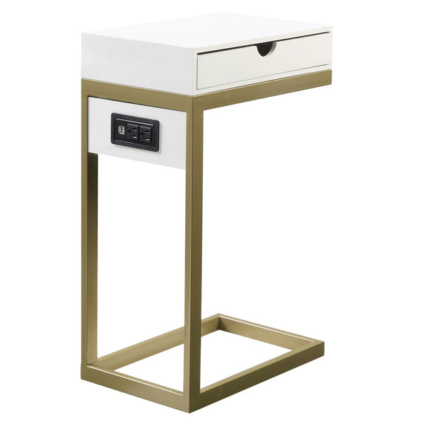 HomeRoots 26" Elegant White and Gold End Table with USB Port, Drawer, Modern Design for Stylish Living Spaces 544067