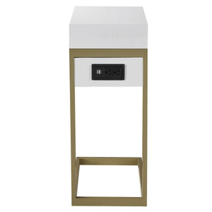 HomeRoots 26" Elegant White and Gold End Table with USB Port, Drawer, Modern Design for Stylish Living Spaces 544067